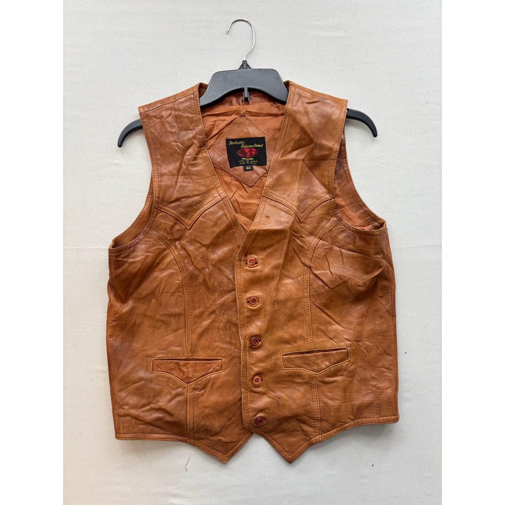Fantastic International Mens Brown Leather Western Vest Size 40 Vintage Style